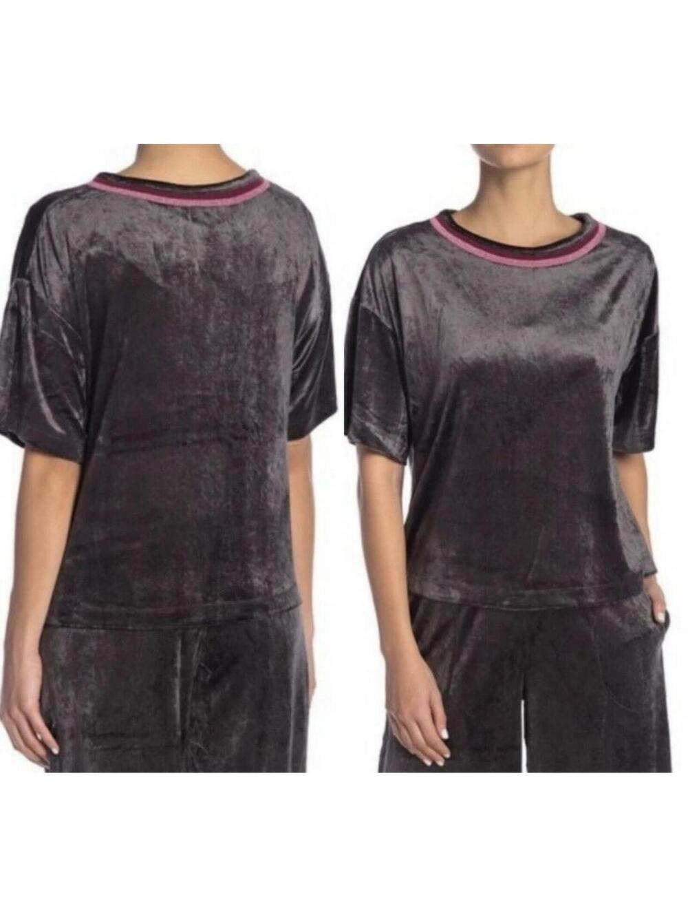 Room Service Grey Crew Neck Velvet T-Shirt with Pink Trim Size M/M EUC